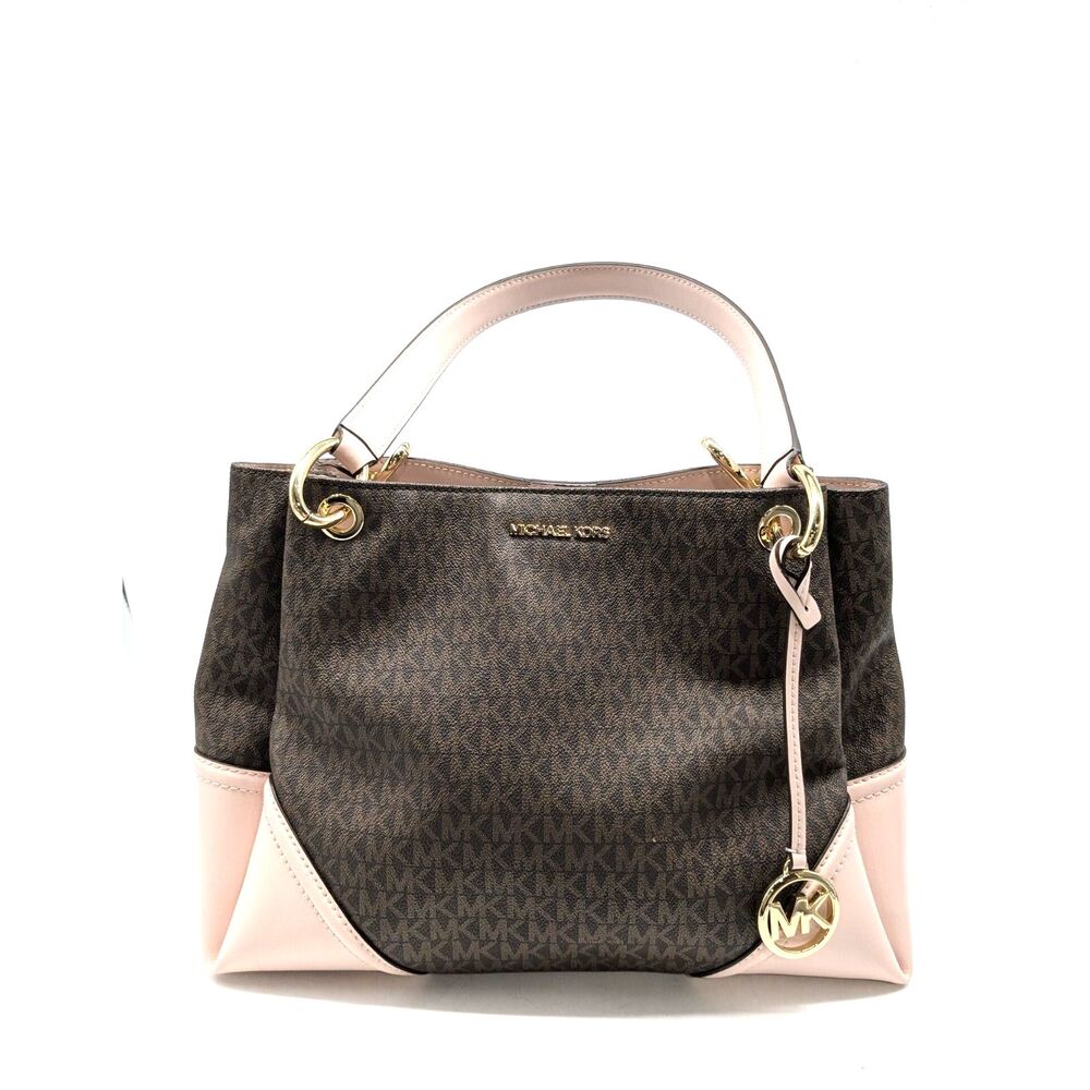 Michael Kors Brown Monogram Coated Canvas Pink Trim Nicole Tote Bag - Picture 1 of 10